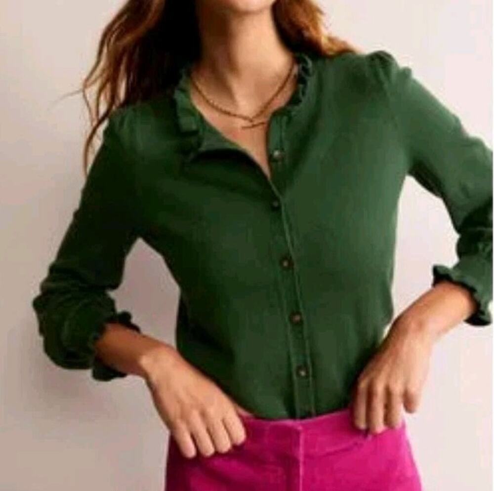 Boden Women's Small Ruffle Neck Cardigan Sweater Green Cotton Wool Blend Preppy